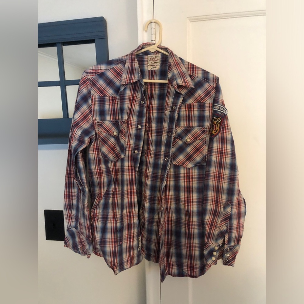 Lucky Brand Red and Blue Plaid Casual Button Down Shirt